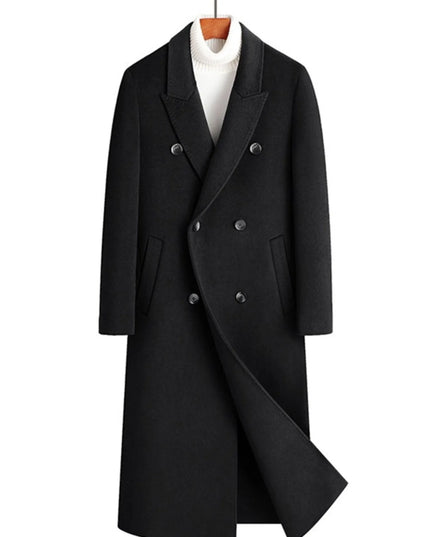 Men's Plus Size Double-Breasted Long Wool Coat Black