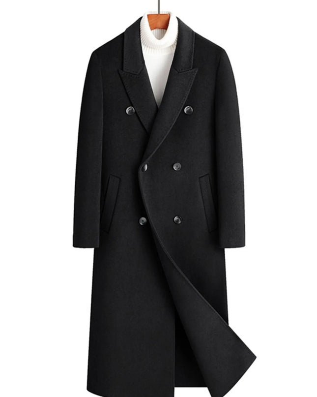 Men's Plus Size Double-Breasted Long Wool Coat Black