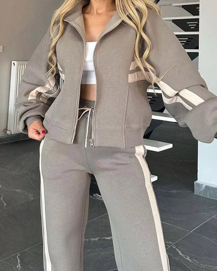 Full Size Contrast Stripe Zip Up Jacket and Pants Set Plus Size