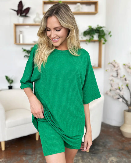 Double Take Full Size Texture Round Neck Drop Shoulder T-Shirt and Shorts Set 