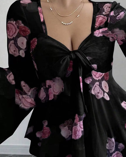 Floral Print Tie Front Flare Sleeve Blouse