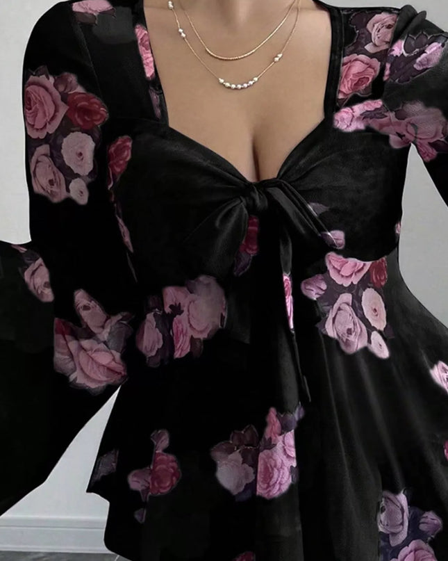Floral Print Tie Front Flare Sleeve Blouse