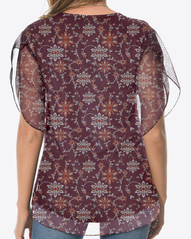 Printed Round Neck Curved Hem Blouse