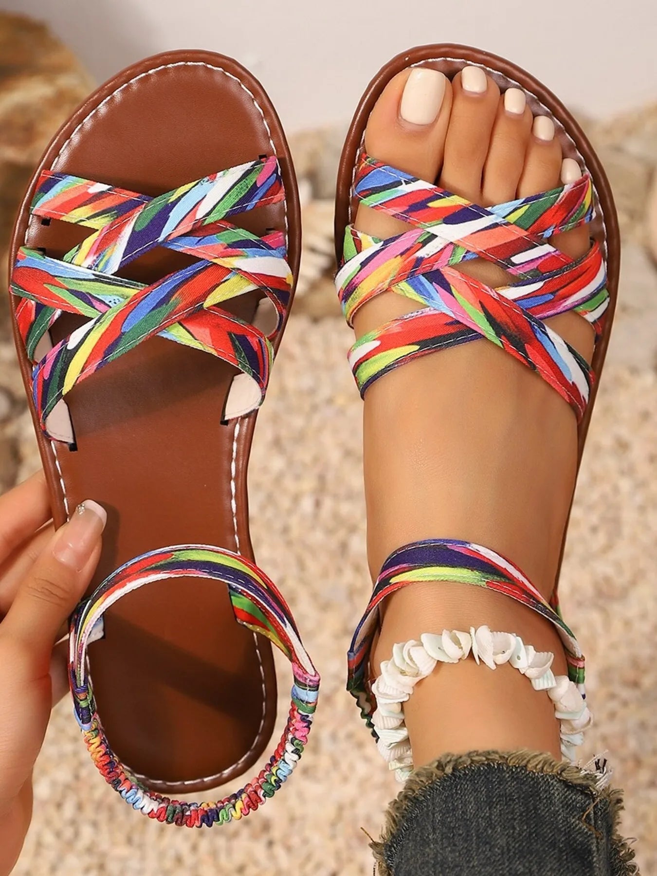 Braided Cross-Strap Flat Sandals Rainbow