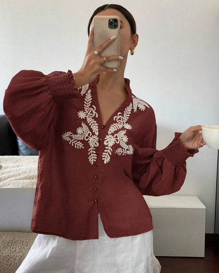 Embroidered Lantern Sleeve Blouse