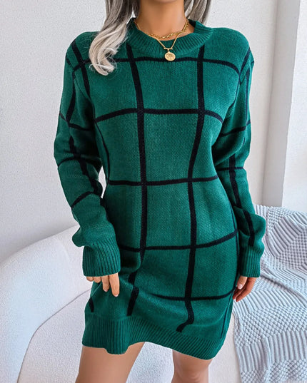 Plaid Round Neck Dropped Shoulder Sweater Dress Dark Green