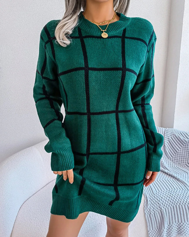 Plaid Round Neck Dropped Shoulder Sweater Dress Dark Green