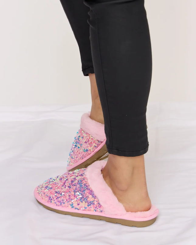 Forever Link Sequin Plush Round Toe Slippers