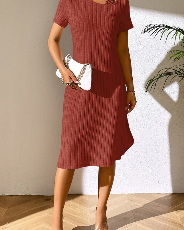 Ivy Lane Ribbed Asymmetrical Neck Short Sleeve Dress Orange-Red