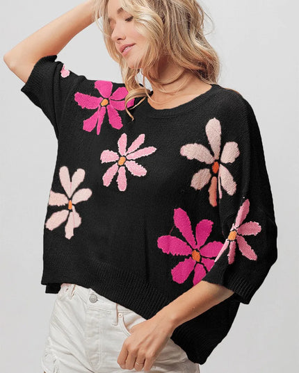 BiBi Floral Pattern Cropped Sweater Black Pink Fuchsia
