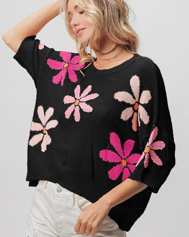 BiBi Floral Pattern Cropped Sweater Black Pink Fuchsia