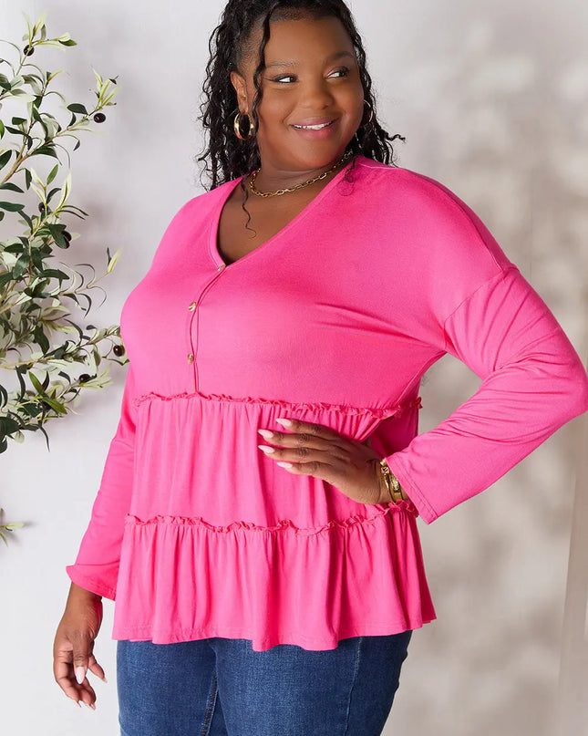 Double Take Half Button Long Sleeve Ruffle Hem Blouse