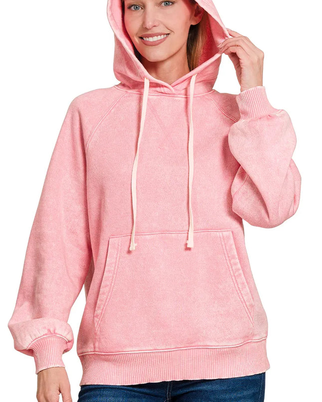 Zenana Acid Wash Fleece Hoodie with Kangaroo Pocket