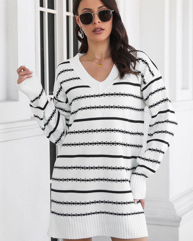 Striped V-Neck Sweater Dress