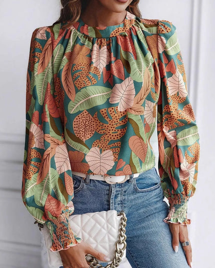Tropical Print Long Sleeve Blouse Green