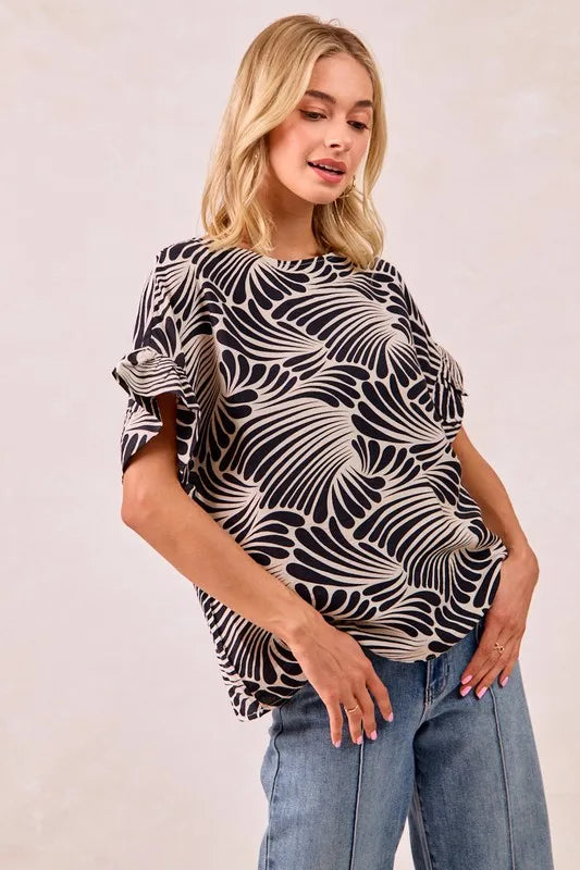 BiBi Print Woven Ruffled Sleeves Top