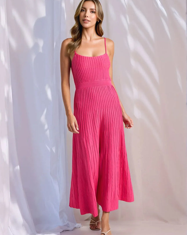 Textured Scoop Neck Midi Cami Dress Hot Pink