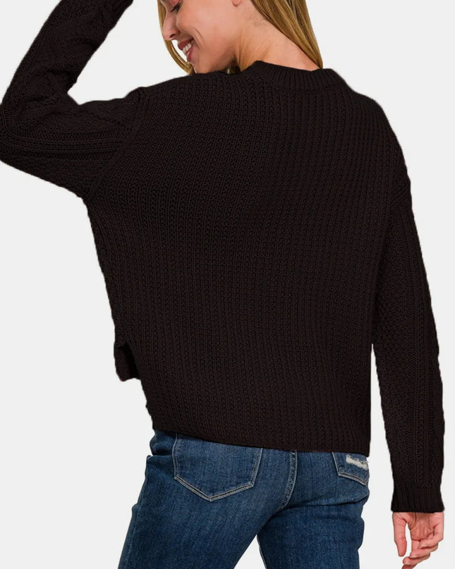 Zenana Cropped High Low Cable Sweater with Side Slits