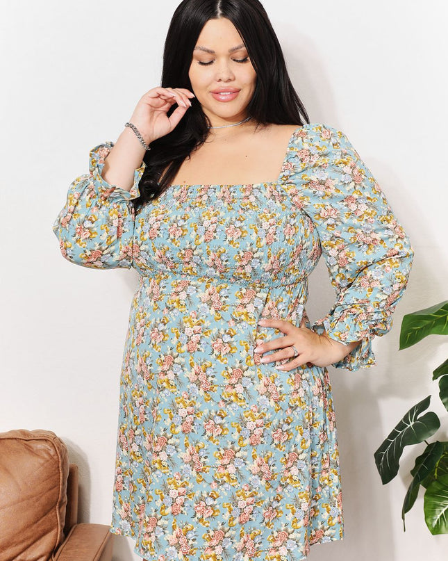 Honey Floral Smocked Flounce Sleeve Square Neck Dress