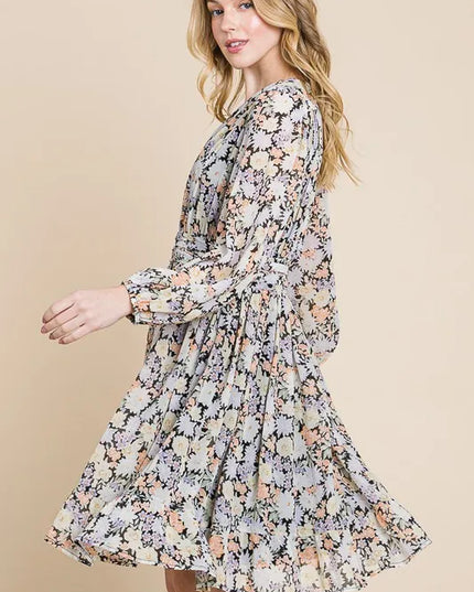 Lime 'N' Chili Chiffon Floral Print Belted Dress with Back Zipper 