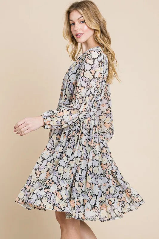 Lime 'N' Chili Chiffon Floral Print Belted Dress with Back Zipper 