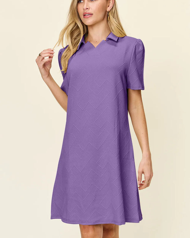 Double Take Full Size Texture Collared Neck Short Sleeve Dress Lavender