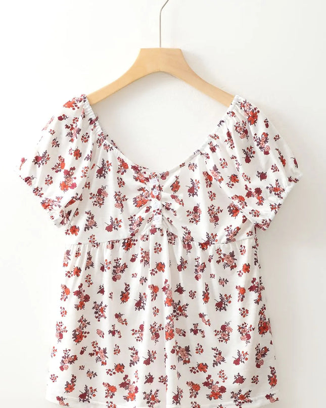 Floral Ruched Cinched Short Sleeve Blouse