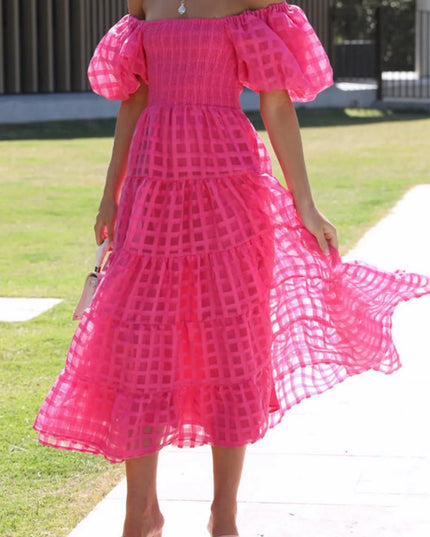 Off Shoulder Short Puff Sleeve Midi Dress