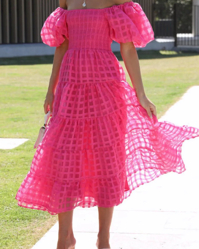 Off Shoulder Short Puff Sleeve Midi Dress