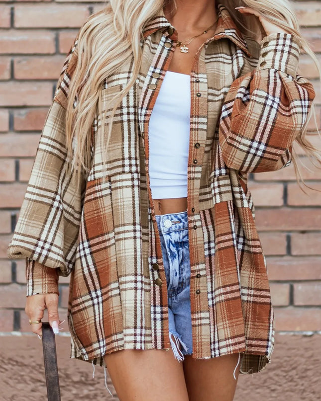 Plaid Snap Down Dropped Shoulder Shacket Plaid