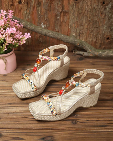 Bohemian Floral Beaded Wedge Sandals 
