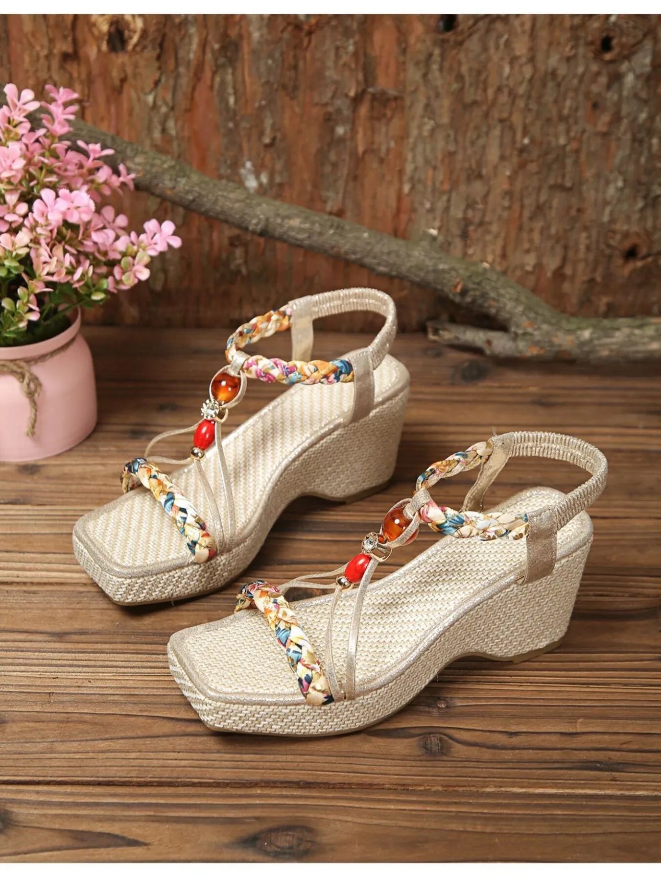 Bohemian Floral Beaded Wedge Sandals 