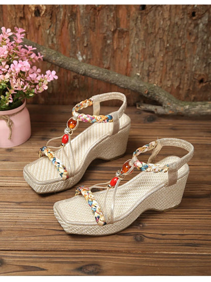 Bohemian Floral Beaded Wedge Sandals 