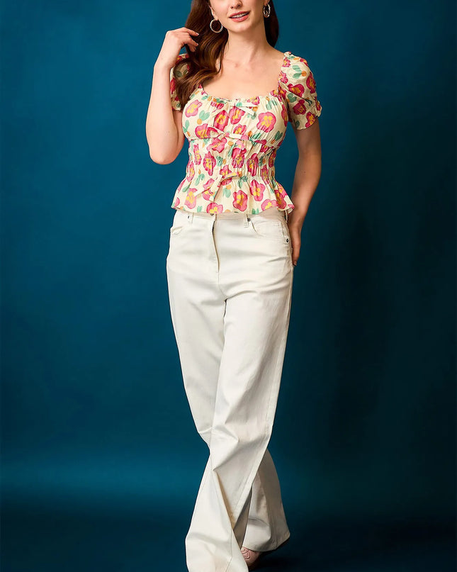 Umgee Floral Smocked Peplum Blouse