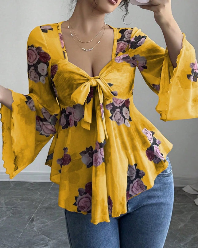 Floral Tie Front Flare Sleeve Blouse Yellow