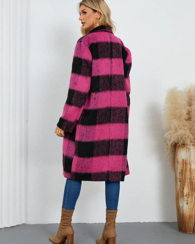 Plaid Double-Breasted Long Sleeve Coat