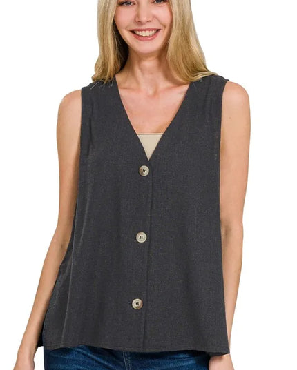 Zenana Side Slit Button-Front Vest BLACK