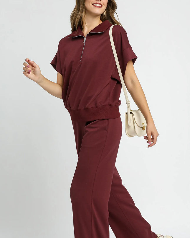 Umgee Full Size Half-Zip Short Sleeve Top Plus Size