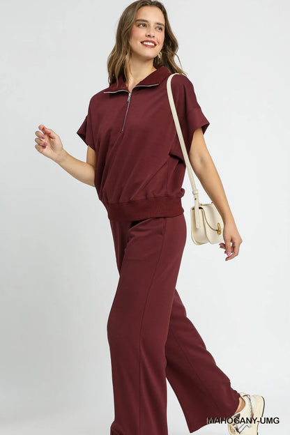 Umgee Full Size Half-Zip Short Sleeve Top Plus Size