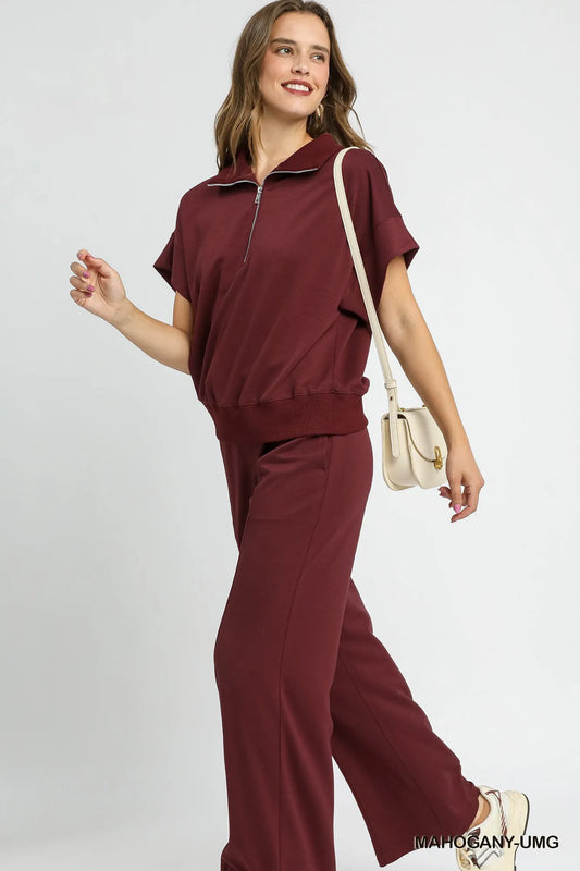 Umgee Full Size Half-Zip Short Sleeve Top Plus Size