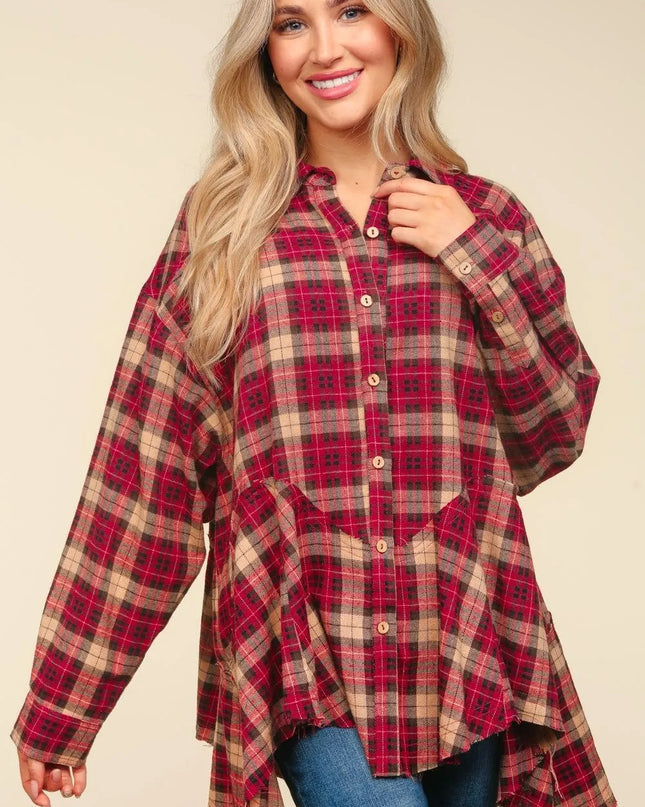 Haptics Plaid Button Down Sharkbite Shirt Burgundy Taupe