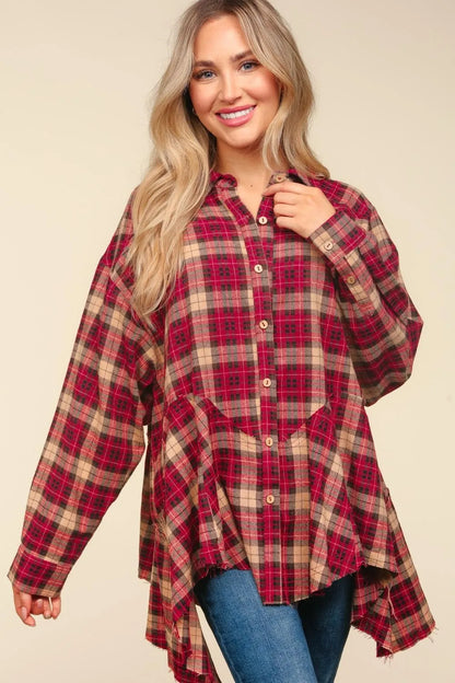 Haptics Plaid Button Down Sharkbite Shirt Burgundy Taupe