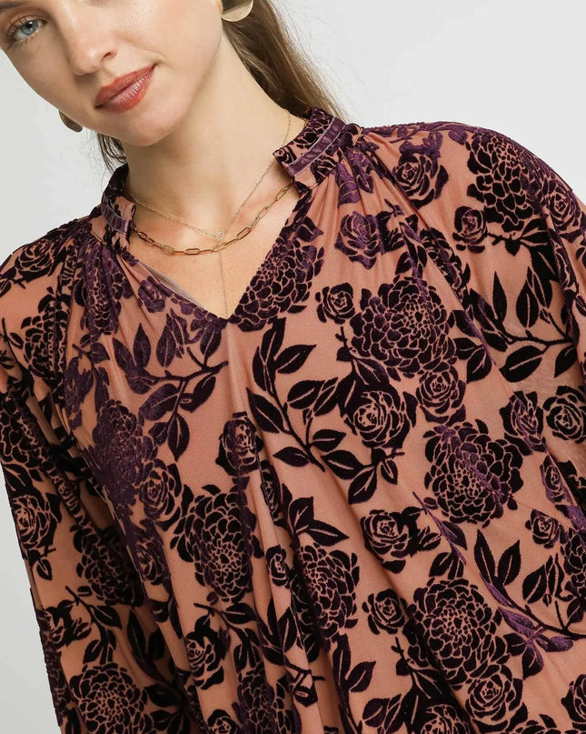 Umgee Floral Velvet Blouse with Balloon Sleeves