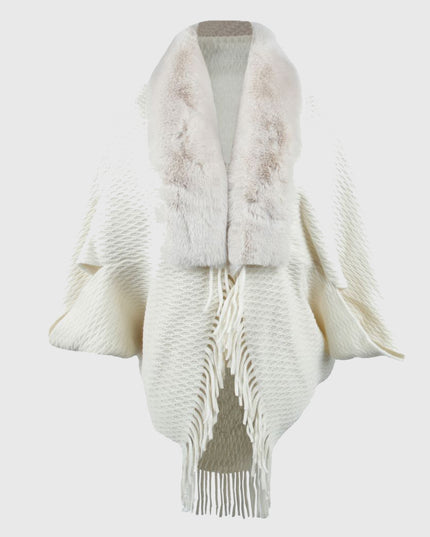 Open Front Fringe Hem Poncho White One Size