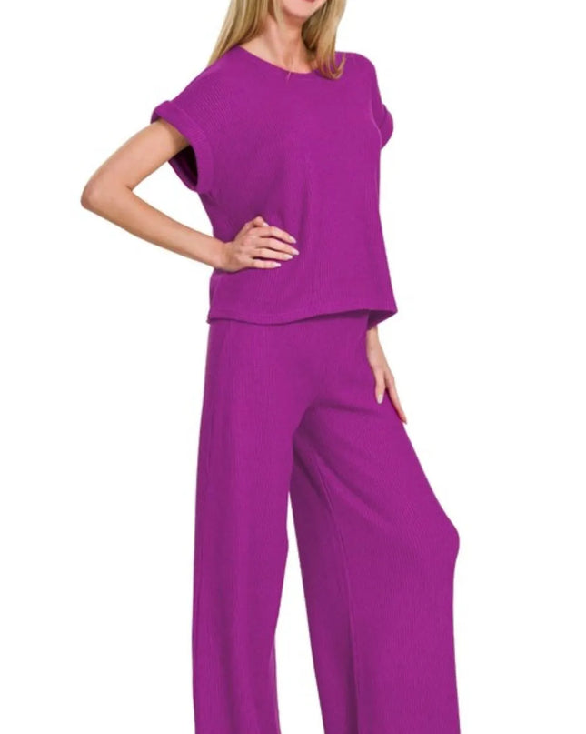 Zenana Rolled Sleeve Top and Pants Sweater Set LT PLUM