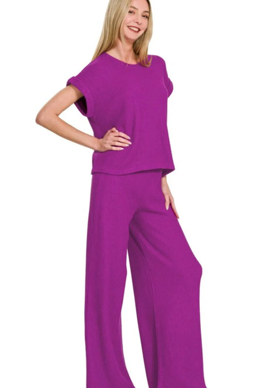 Zenana Rolled Sleeve Top and Pants Sweater Set LT PLUM