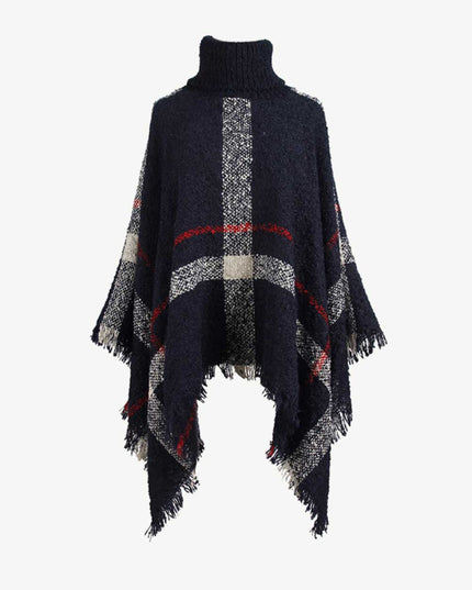 Plaid Turtleneck Raw Hem Poncho Navy One Size