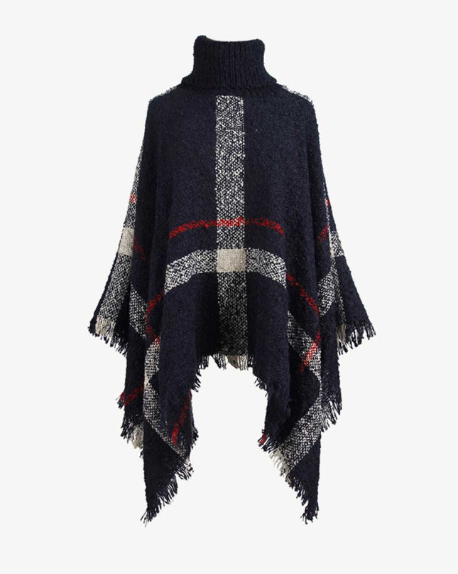 Plaid Turtleneck Raw Hem Poncho Navy One Size