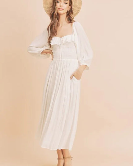 Aemi + Co Ruffled Smocked Square Neck Balloon Sleeve Dress 