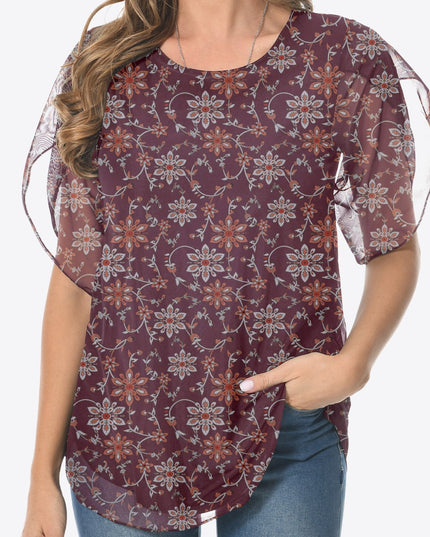 Printed Round Neck Curved Hem Blouse Wine